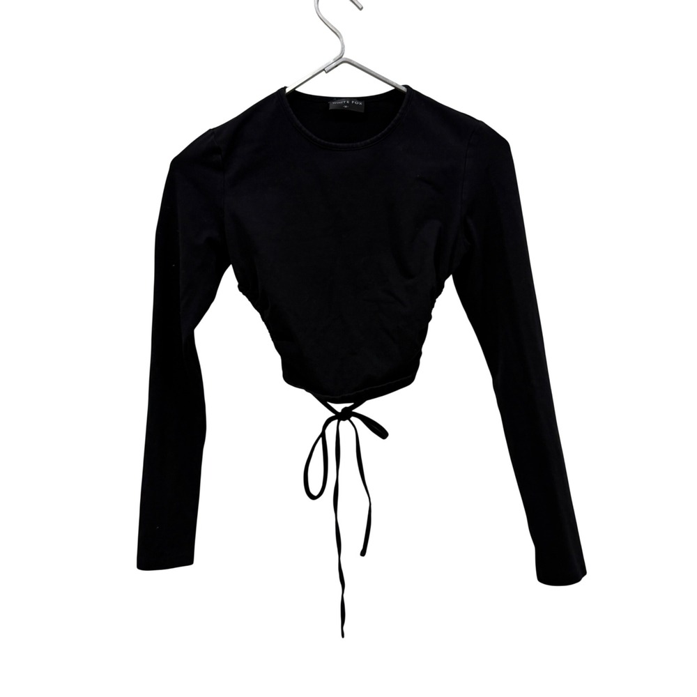 White‎ Fox Black Long Sleeve Open Back Tie Crop Top Medium Crew Neck Cutout
